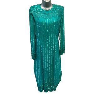 Nadine Boutique Vintage 100% Silk Hand Beaded Turquoise Green Cocktail Dress-M
